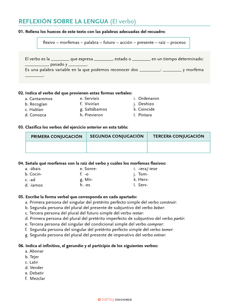 Ejercicios y Reflexiones sobre Verbos | PDF | Verbo | Conjugación ...