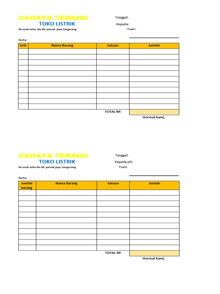 Nota Pembelian Toko Listrik CAHAYA TERANG | PDF
