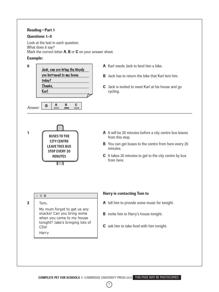 PET Reading Practice for Schools | PDF