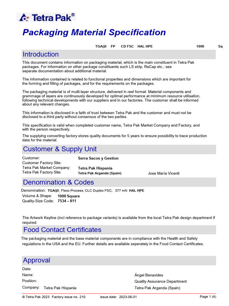 Tetra Pak Packaging Material Specs | PDF | Pallet | Lamination