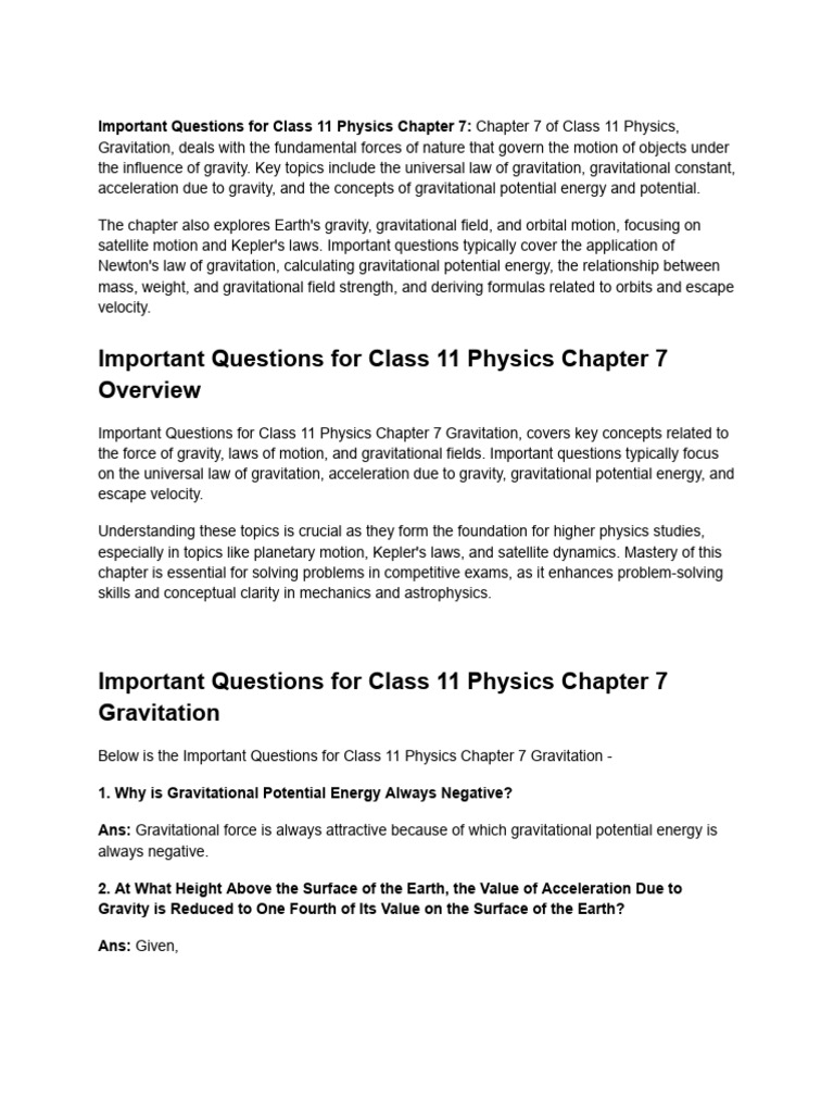 Class 11 Physics Gravitation Questions | PDF | Gravity | Orbit