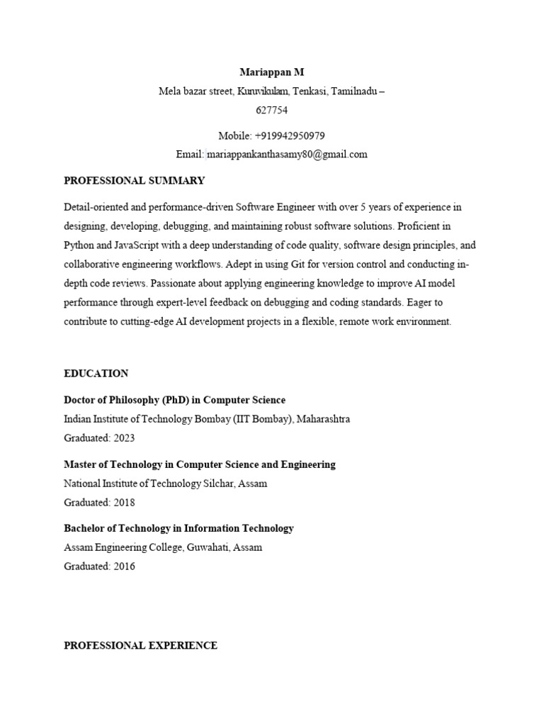Experienced Software Engineer Profile | PDF | Software Development ...