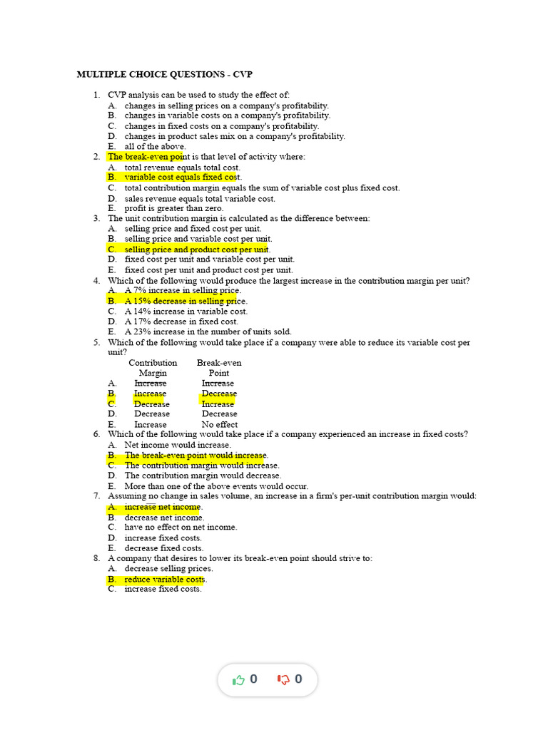 CVP Analysis Multiple Choice Questions | PDF | Inventory | Cost Of ...