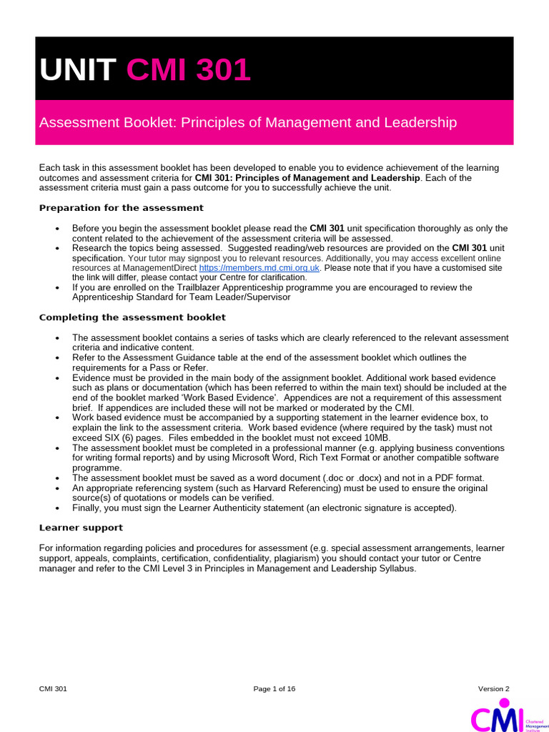 CMI 301 Management Assignment Guide | PDF | Goal | Leadership