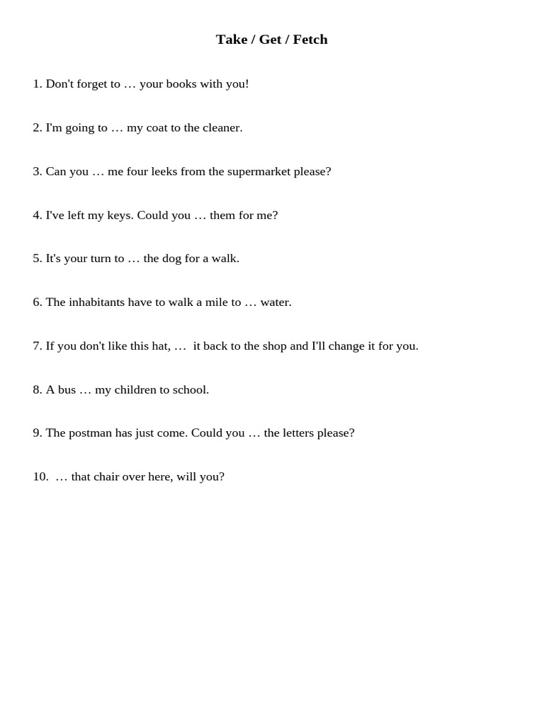 Action Verbs: Take, Get, Fetch Exercises | PDF