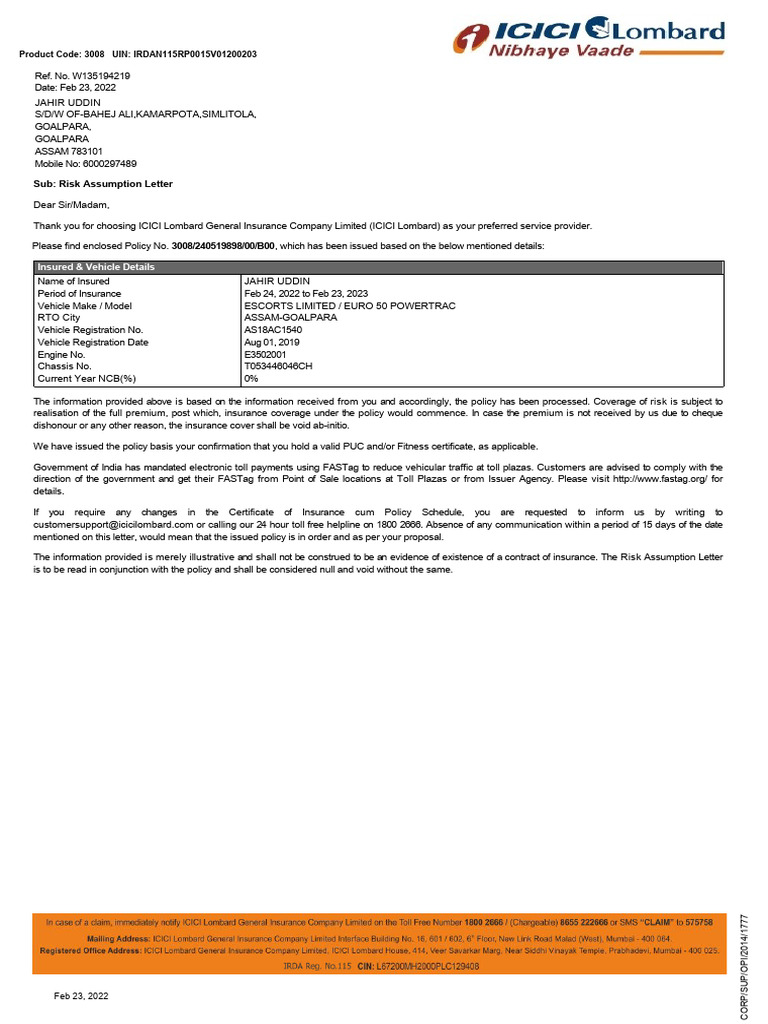 ICICI Lombard Risk Assumption Letter | PDF | Insurance | Liability ...