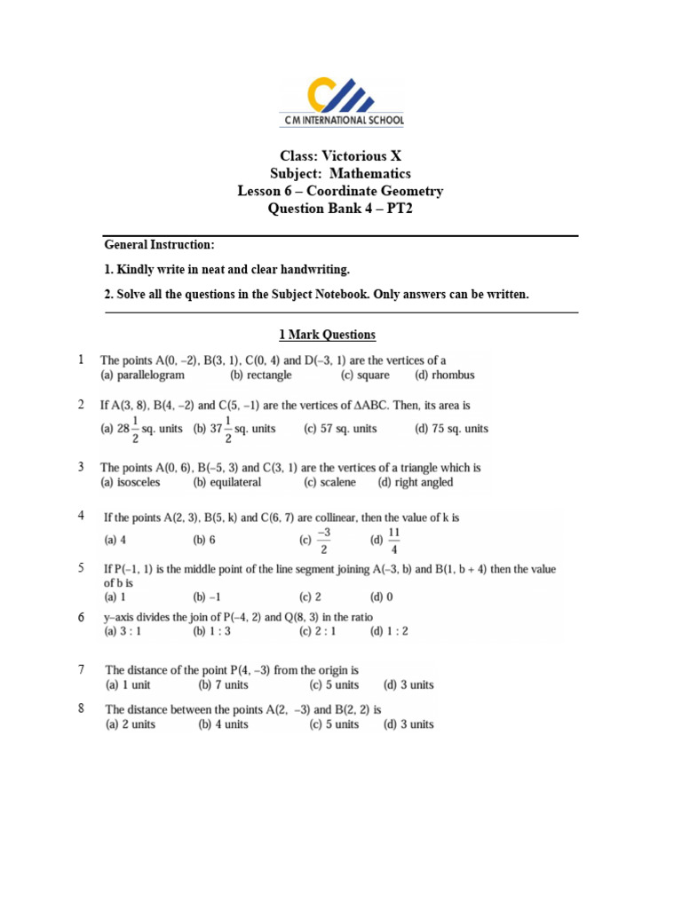 Victorious X Mathematics L6 Co-Ordinate Geometry Question Bank 17092025 ...