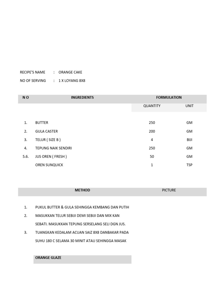 Standardized Recipe Form - Orange Cake | PDF