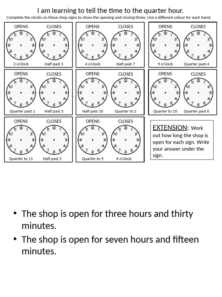 Learning to Tell Time: Shop Hours | PDF | Units Of Measurement | Spacetime