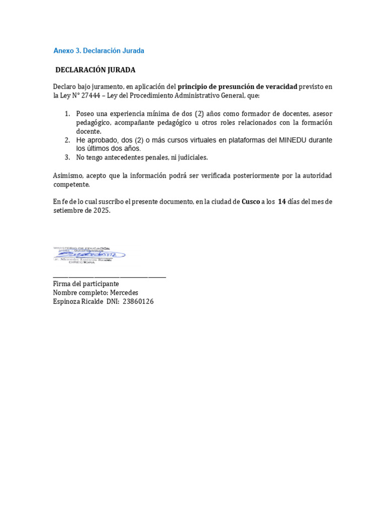 Declaración Jurada de Formación Docente | PDF
