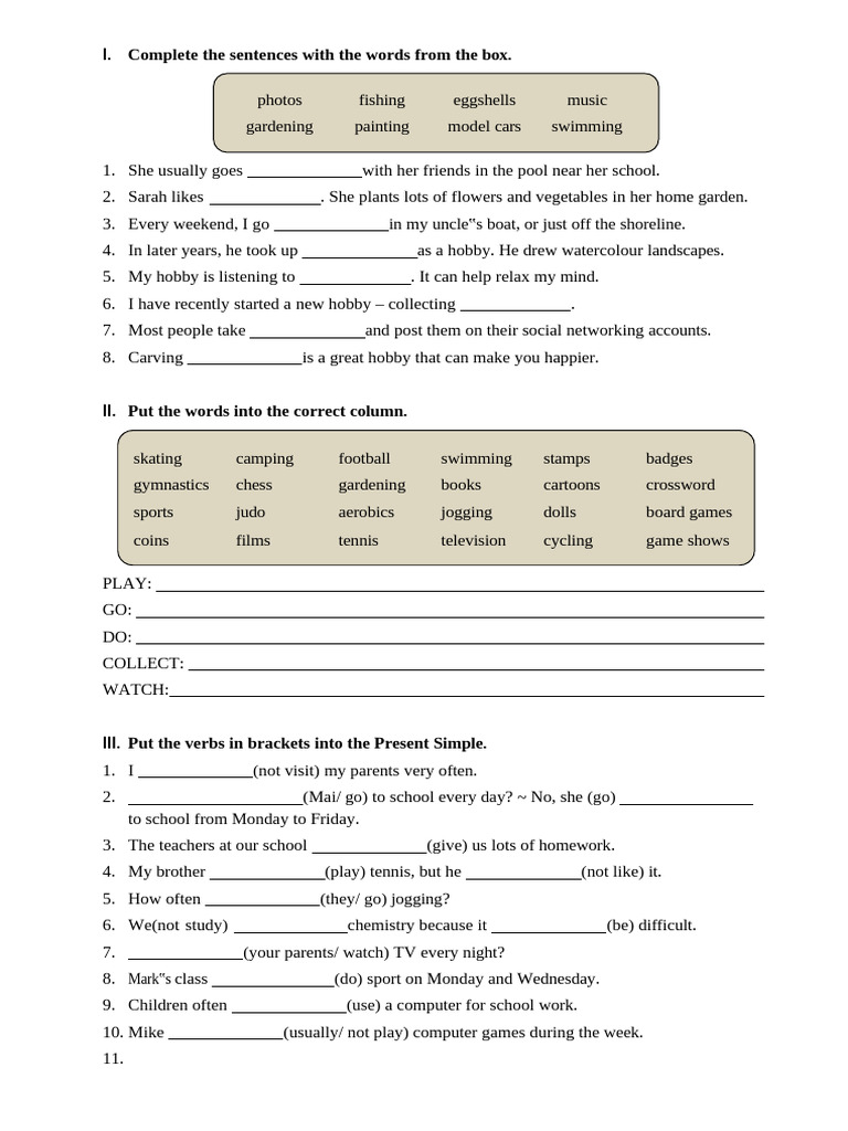 Hobbies and Sentence Completion Activities | PDF | Hobbies