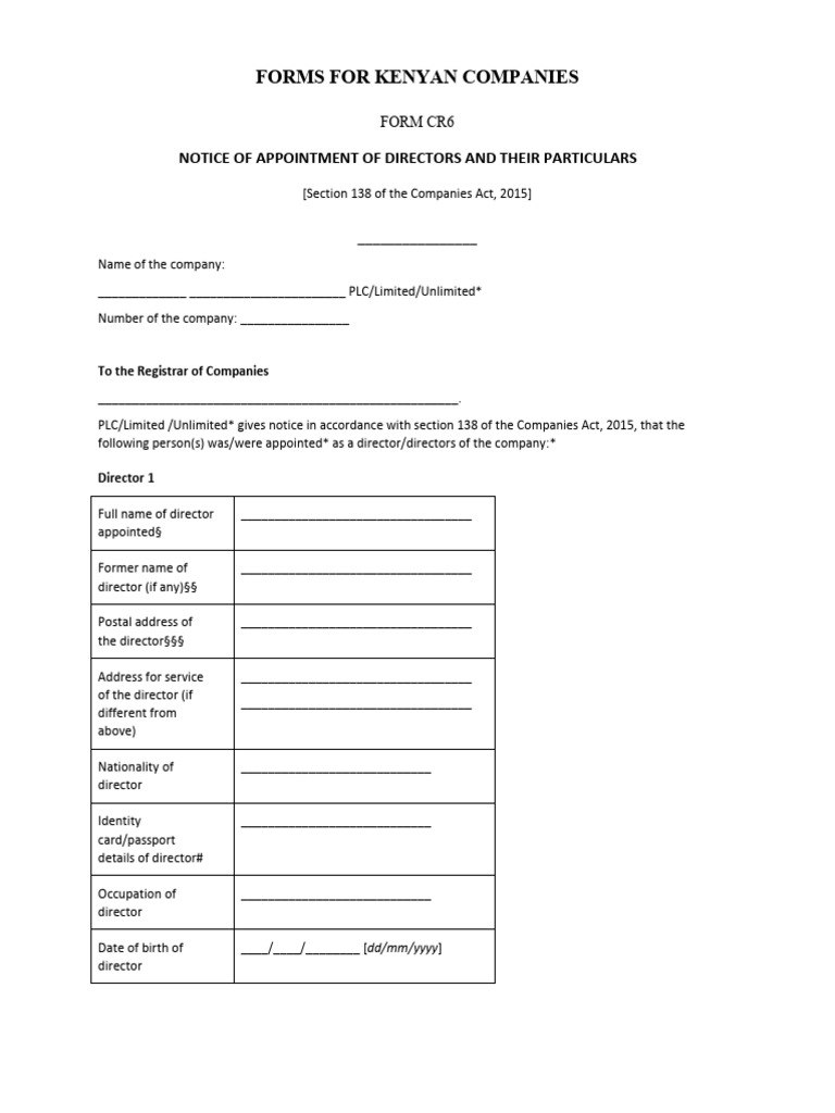 Kenya Company Director Appointment Form | PDF