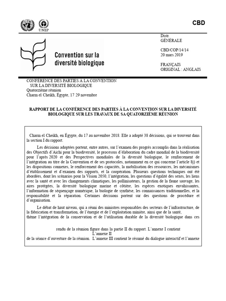 Rapport sur la 14e réunion de la CBD | PDF | Biodiversité | Zone protégée