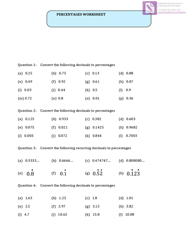 Year 5 Percentage Conversion Practice | PDF | Percentage