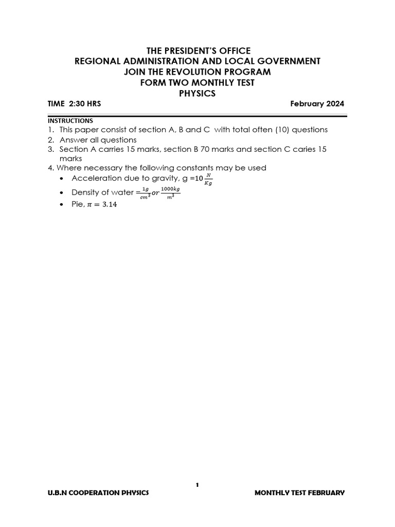 f2 Physics Monthly Test Feb (2024) | PDF | Force | Density