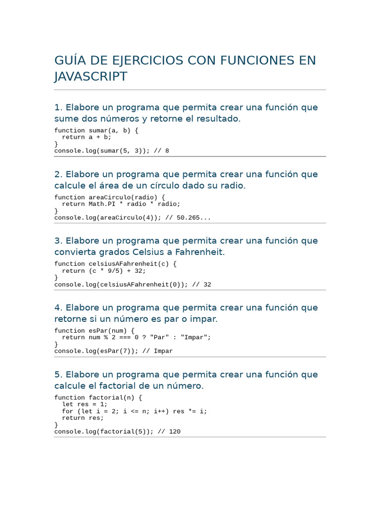 Guía de Ejercicios Con Funciones en Javascript | PDF | Programación de ...