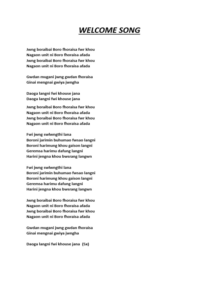 Boro Fhoraisa Welcome Song Lyrics | PDF