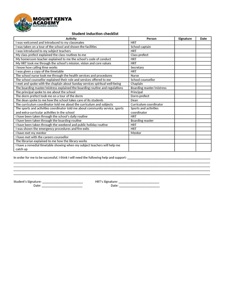 Student Induction Checklist Template | PDF | Teaching