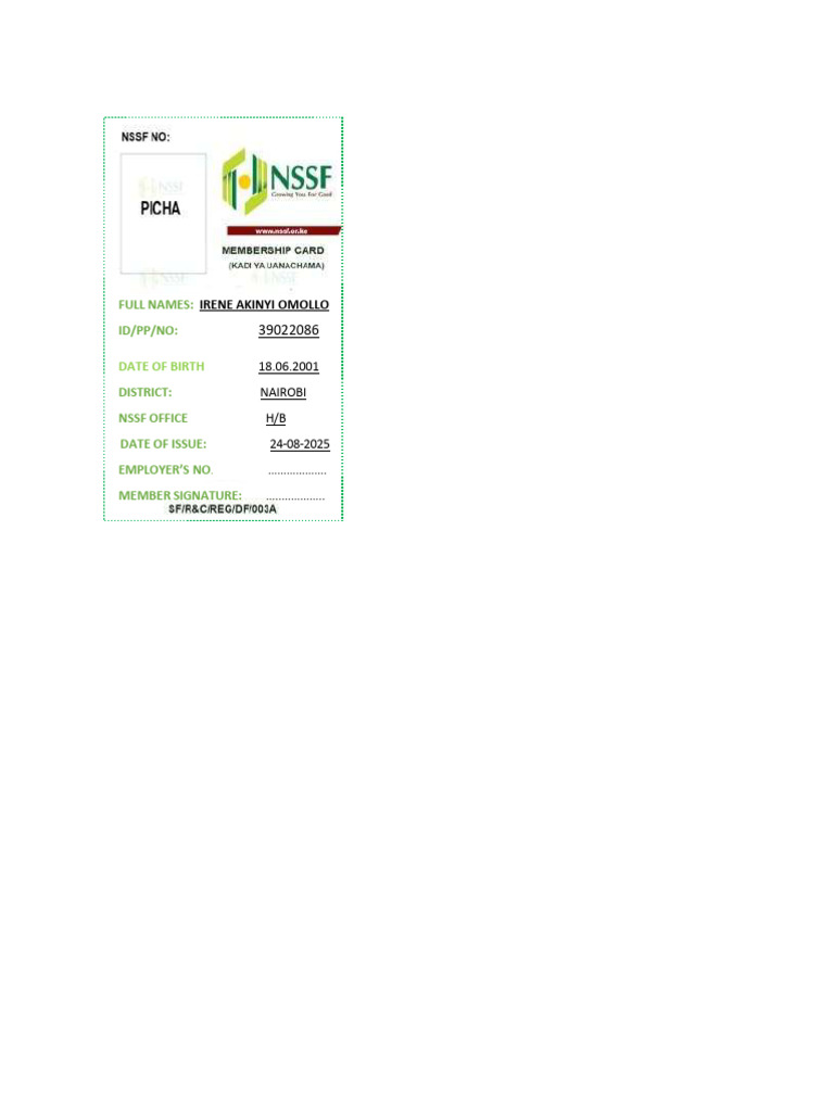 NSSF Card Template for Irene Akinyi Omollo | PDF