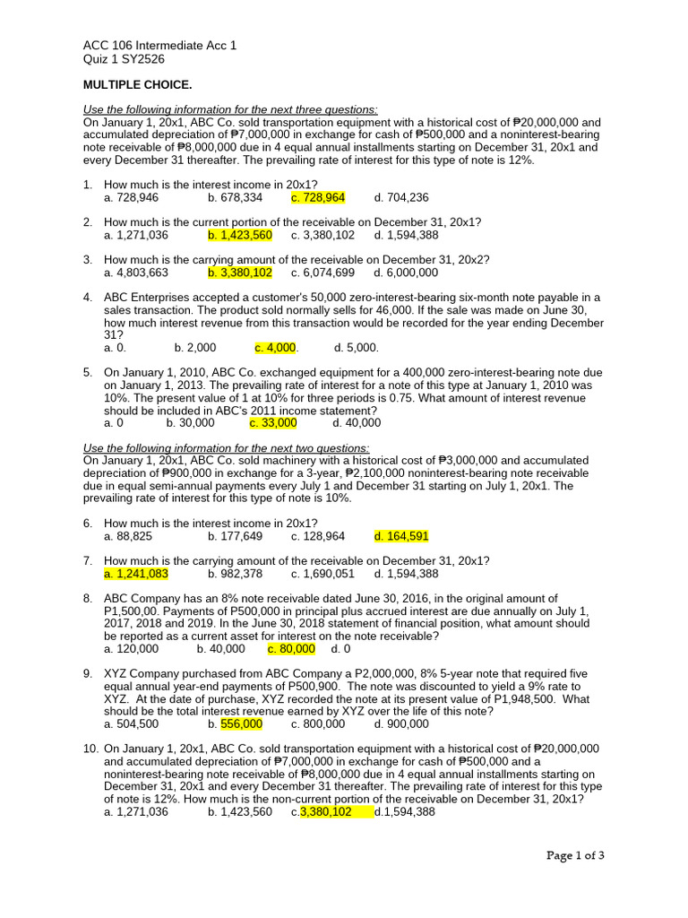 ACC 106 Intermediate Accounting Quiz | PDF | Present Value | Interest