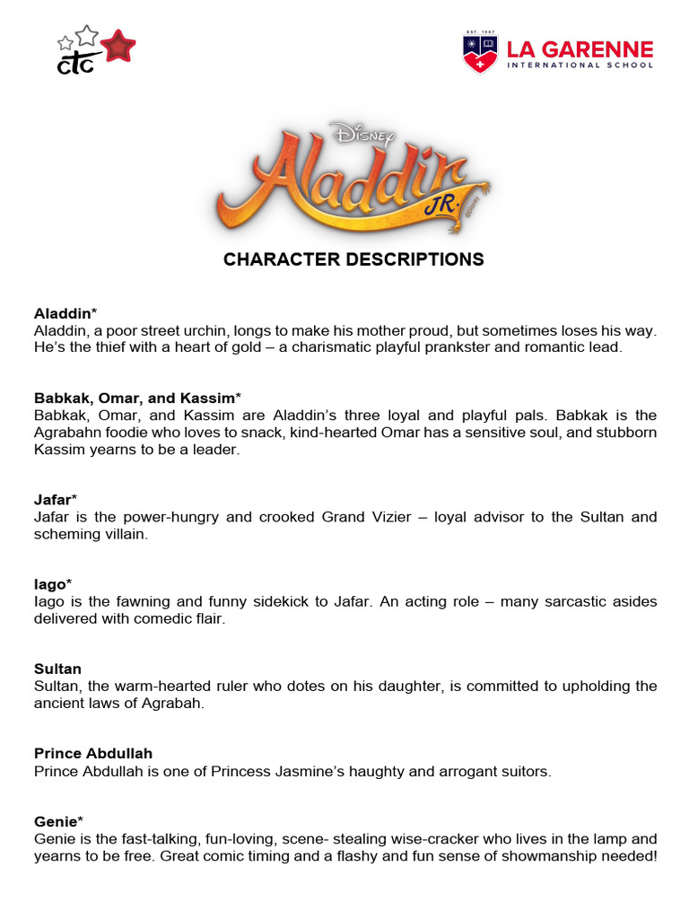 Aladdin Jr Character Breakdown PDF Characters Created
