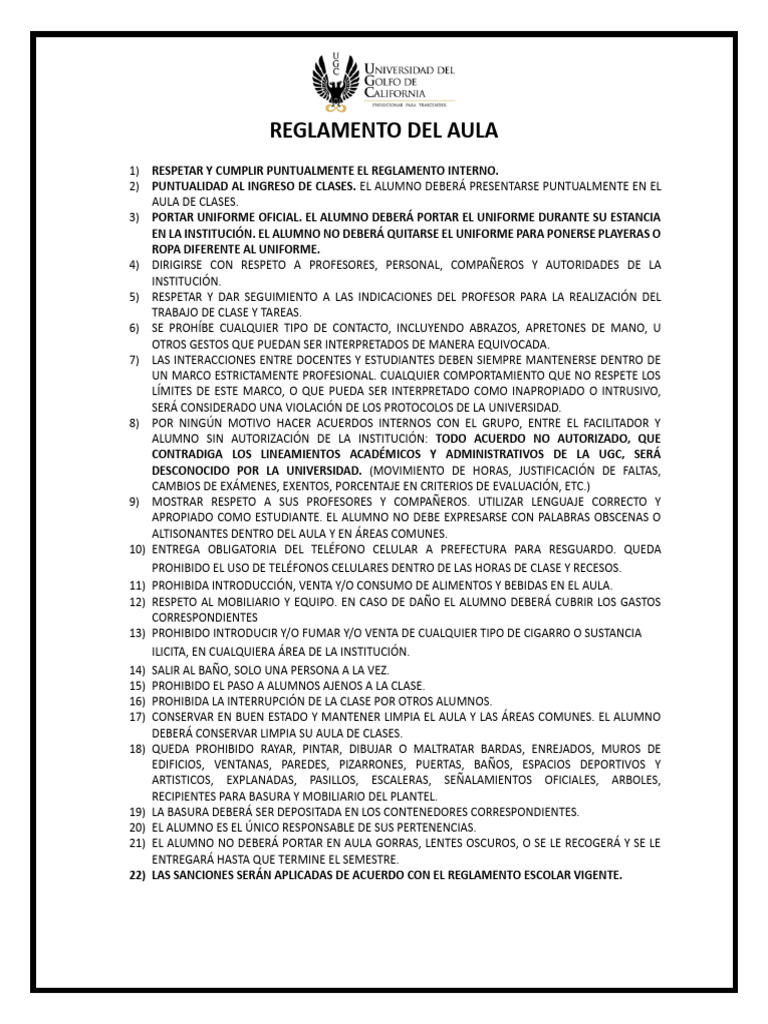 Reglamento del Aula Escolar | PDF | Salón de clases