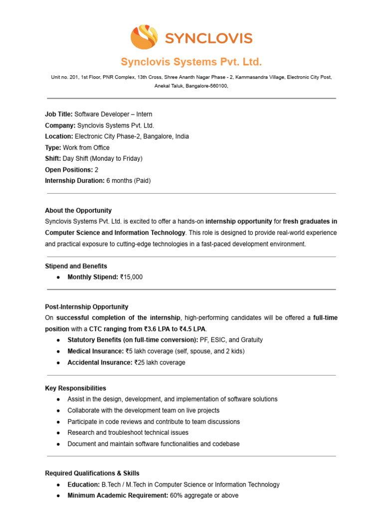 Software Developer Intern at Synclovis | PDF