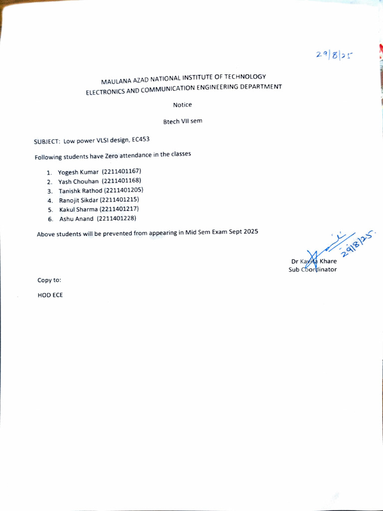 Zero Attendance Notice for EC453 Students | PDF
