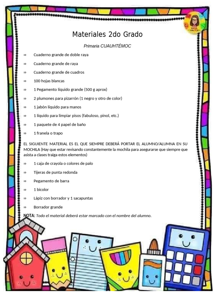 Materiales escolares 2do grado primaria | PDF