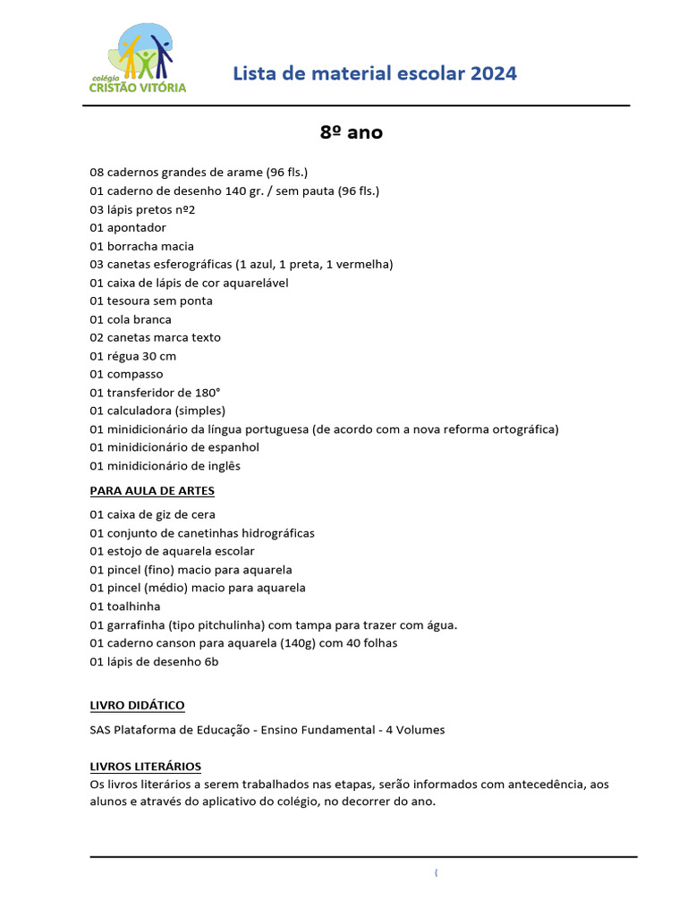 Lista de Material Escolar 8º Ano 2024 | PDF
