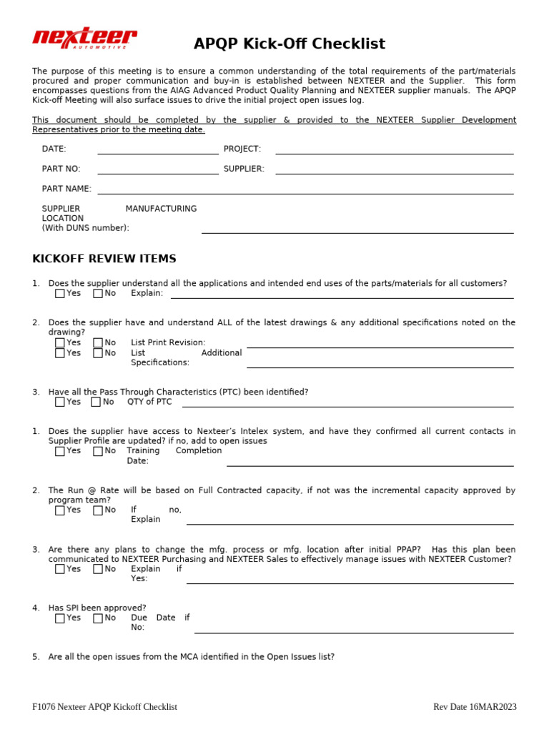 NEXTEER APQP Kick-Off Checklist | PDF | Specification (Technical Standard)