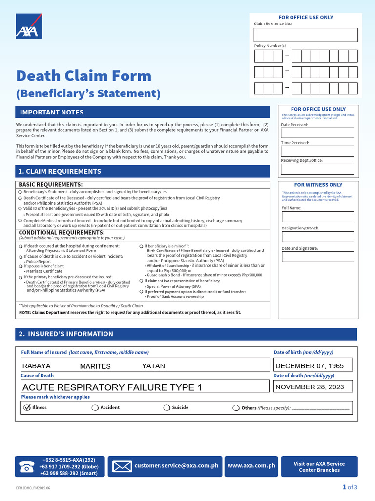 AXA Death Claim Form Instructions | PDF | Banks | Insurance