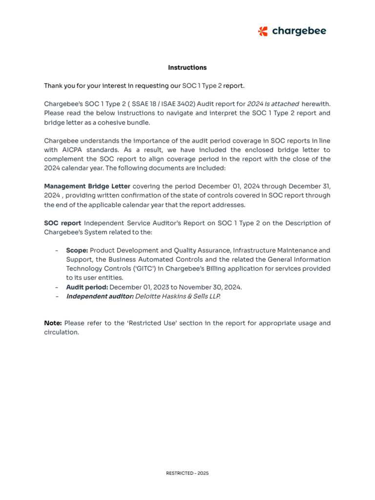 Chargebee SOC 1 Type 2 Report 2024 | PDF | Audit | Business