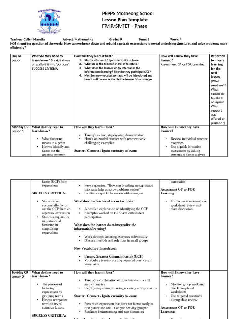 Grade 9 Mathematics Lesson Plan | PDF | Learning | Factorization