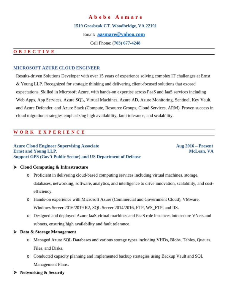 Microsoft Azure Cloud Engineer Resume | PDF | Active Directory ...