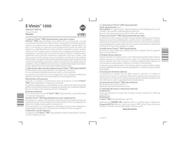 E-Vimin® 1000: Beneficios y Uso | PDF | Vitamina e | Efecto adverso