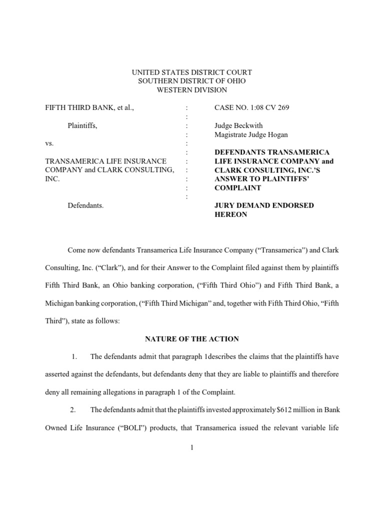 Fifth Third Lawsuit Answer PDF Contractual Term Insurance
