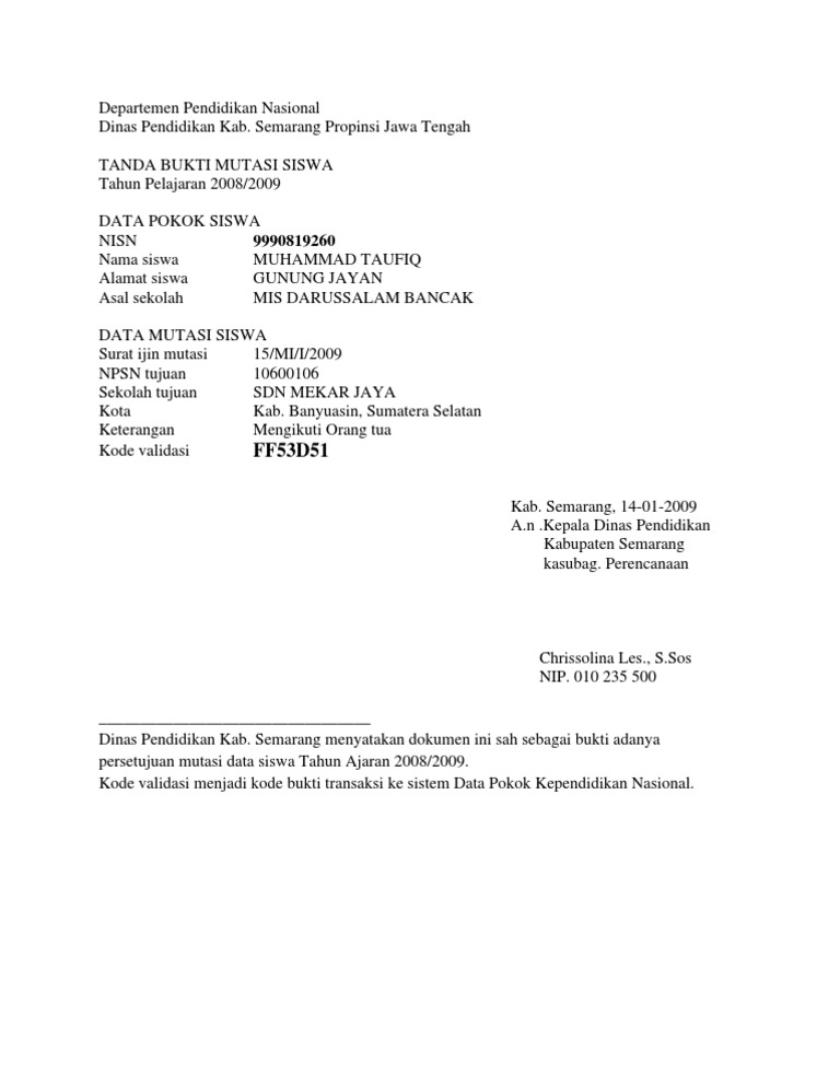 Contoh Surat Keterangan Validasi Nisn