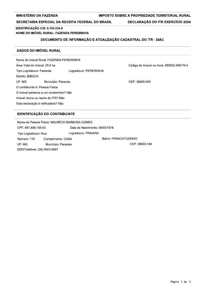 Declaração Itr 2024 | PDF
