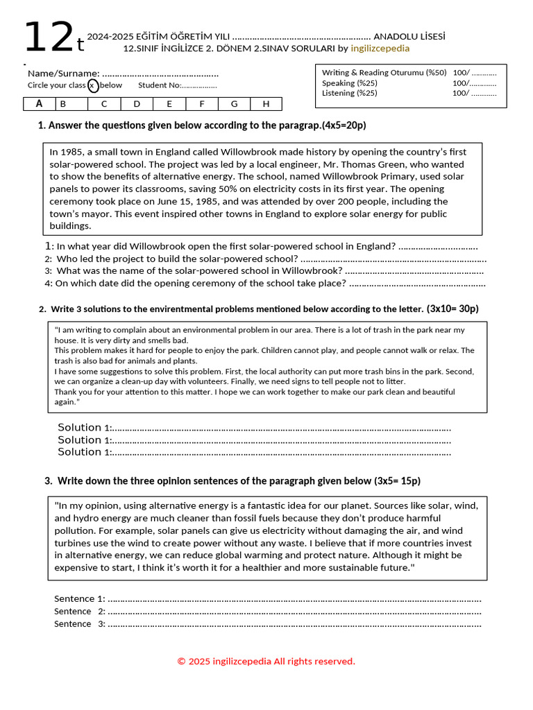 12th Grade English Exam Questions 2024-2025 | PDF | Solar Power ...