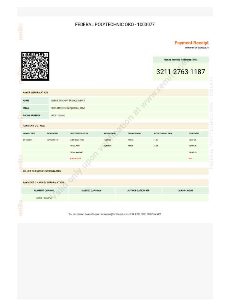 Federal Polytechnic Oko Payment Receipt | PDF | Payments | Services ...
