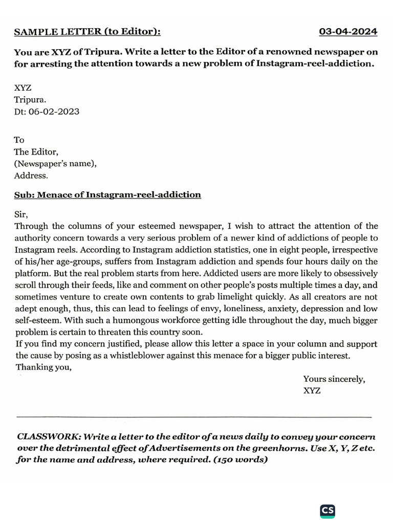 Sample Letter With Classwork 03-04-2024 | PDF