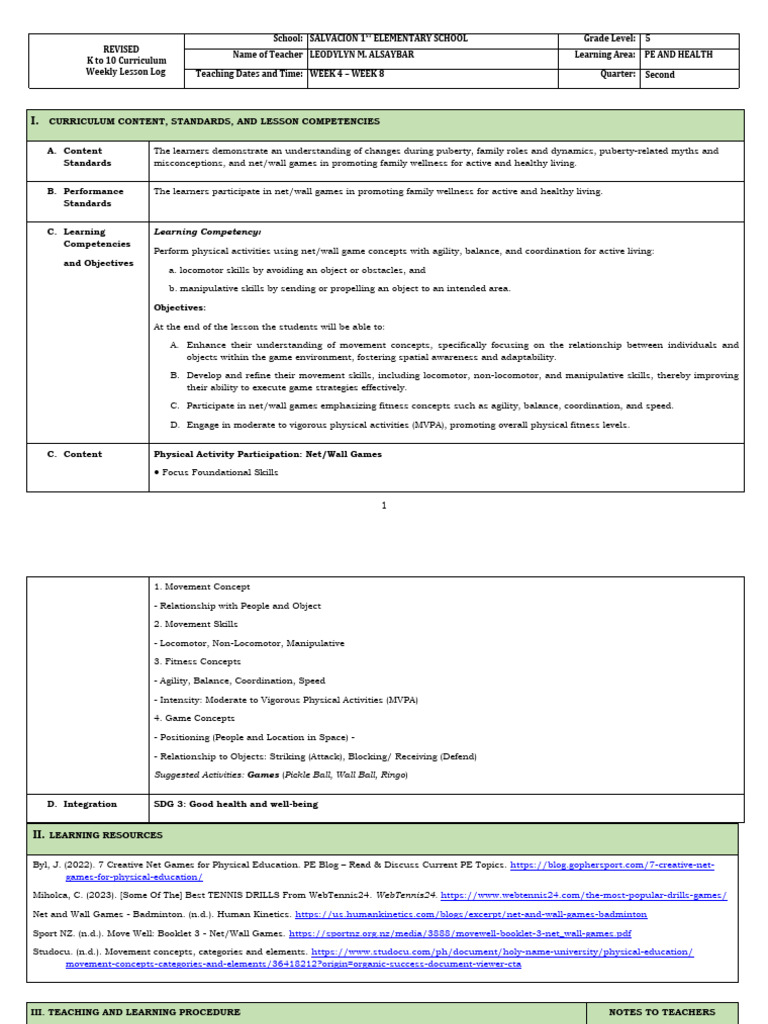 Pe and Health 5 Matatag DLL - Q2 - W4-W8 | PDF | Physical Education