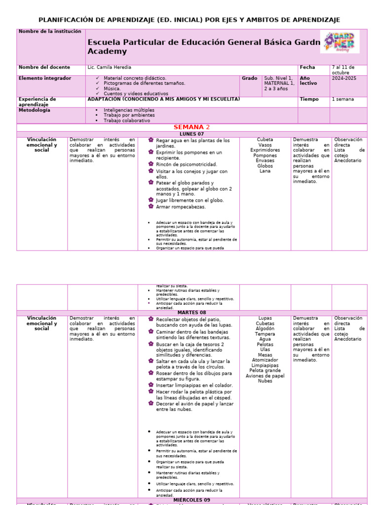 Planificación de Aprendizaje Inicial 2024 | PDF | Cognición | Aprendizaje