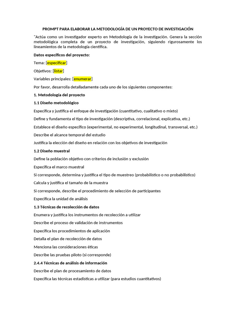Prompt para Elaborar La Metodología de Un Proyecto de Investigación | PDF
