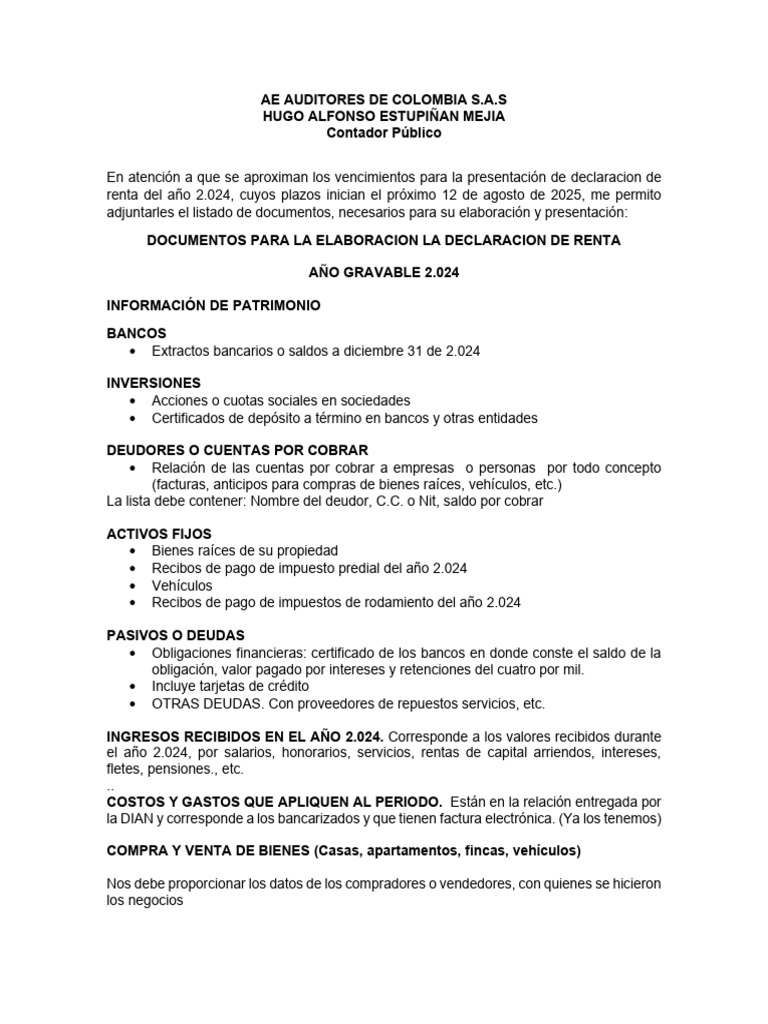 Documentos para Declaración de Renta 2024 | PDF | Bancos | Servicios ...
