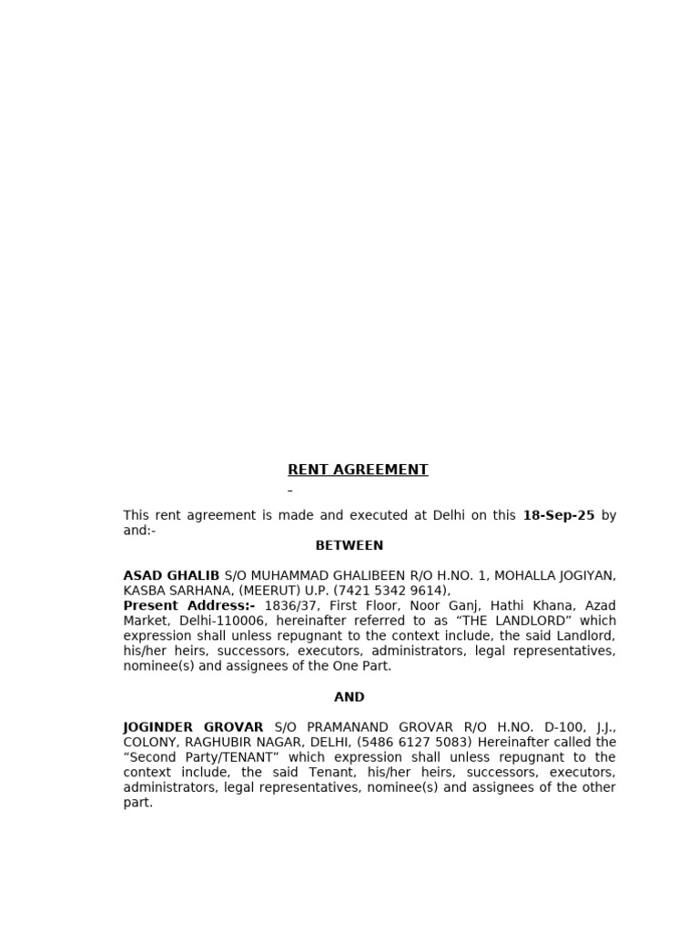 Sample Rent Agreement for Delhi | PDF | Lease | Leasehold Estate
