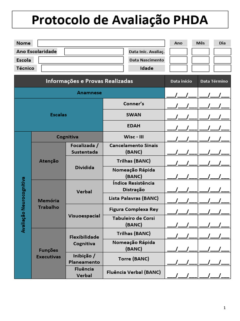 Protocolo de Avaliação PHDA Detalhado | PDF | Transtorno de déficit de ...