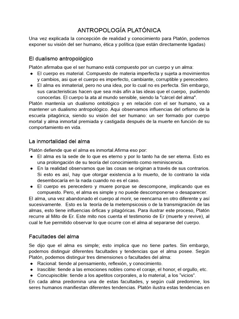 Antropología Platónica: Cuerpo y Alma | PDF | Platón | Alma