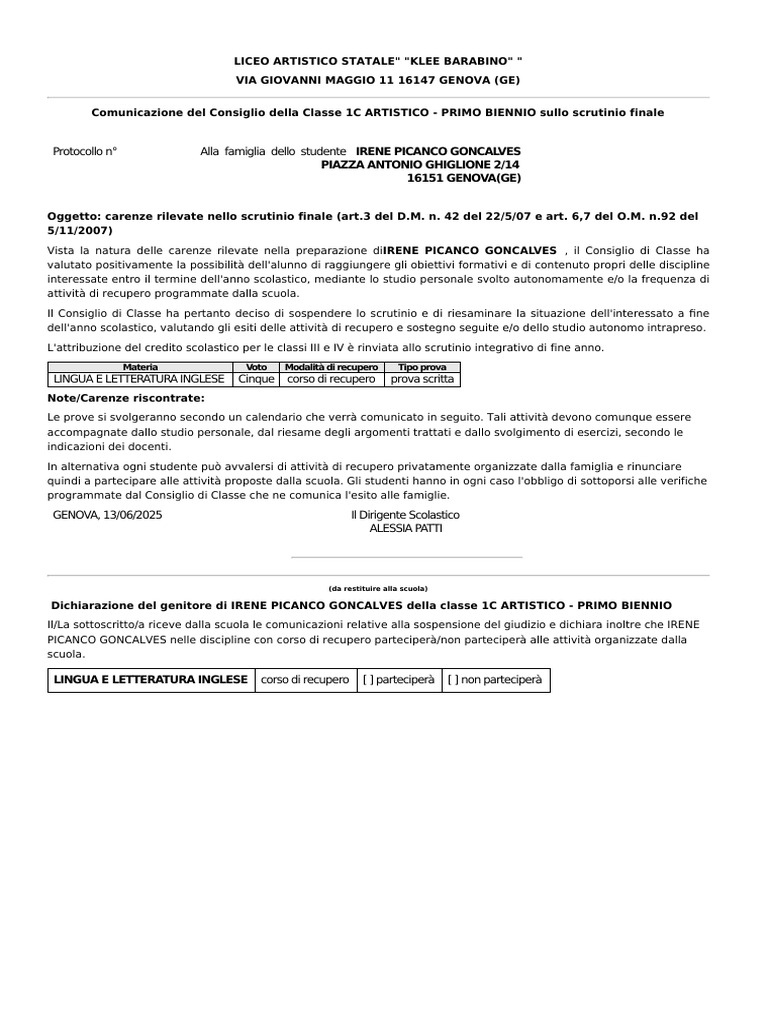 SOL Lettera Giudizio Sospeso Recuperi (Secondo Periodo) | PDF